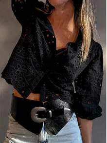 Women's Solid Color Hollow Embroidered Vacation Shirt - Black - View 4