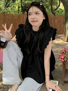 女款圓領喇叭短袖寬鬆荷葉邊休閒襯衫，春夏黑色 - 黑色 - 查看 6