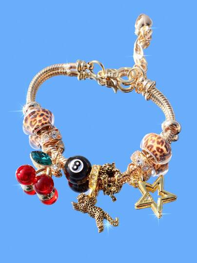 1 pieza Pulsera con dijes de estampado de leopardo, cereza, estrella, pulsera de niña estrella, pulsera de leopardo, pulsera de bola de billar negra de leopardo, pulsera DIY de estrella