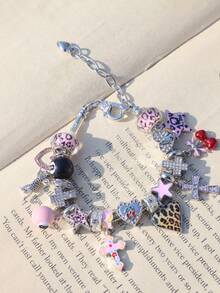 1pc Pink Leopard Print Cross Charm Bracelet, Pink Leopard Heart Bracelet, Pink 8 Ball DIY Bracelet, Leopard Leopard Bracelet, Cherry Cross Bracelet - Silver - View 6