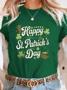Women's St. Patrick's Day Pattern T-Shirt - Bright Green Short Sleeve Round Neck Top With Clover And Leprechaun Hat Print, Soft Stretchy Casual Spring Summer Wear, Women's T-Shirt, Festive Outfit, Fun Design, Comfortable Fit Shirt - 綠色 - 查看 5