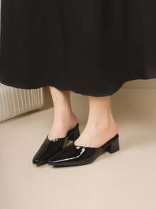 2026 New Casual Black Mule Slippers For Women, Thick Heel Slip-On Comfortable Loafers - Black - View 4