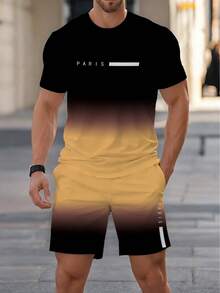 2 Stücke/Set Herren Farbverlauf-Farbiges Kurzarm T-Shirt mit "PARIS" Aufdruck und Kordelzug-Shorts, lässiger Sportoutfit, geeignet für Sommeroutdoor-Tragen, 100% Polyester - Verschiedenfarbig - Übersicht 5