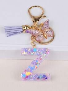 Cute Yarn Pom Pom Sequin Letter A-Z Resin Tassel Keychain, Wallet & Handbag Charm, Chain Backpack Pendant, Car Hanging Ornament, Girl Gift, School & Car Accessories, Gothic Y2K - Purple - View 29
