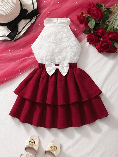 少女时尚优雅3D玫瑰花背心和蝴蝶结装饰双层裙两件套，夏季