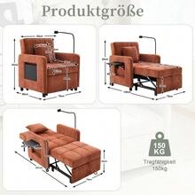 Two-In-One Sleeper Chair, Single Sleeper Sofa, Chenille Armchair (With Cushions And Side Pockets), With A Small Table On One Side And A Storage Bag On The Other, Complete - 橘色 - 查看 2