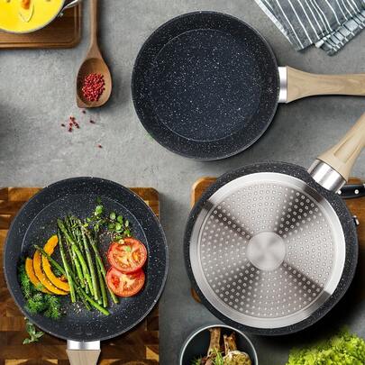 ABKOK Bộ nồi chảo cao cấp màu đen tuyền (1/3 món) - Bộ nồi chảo nhôm đáy liền khối (có các kích cỡ 18cm, 24cm và 28cm). Bộ nồi chảo đa năng tương thích với mọi loại bếp (bao gồm cả bếp từ) - Một bộ nồi chảo nhôm thiết yếu cho đầu bếp và mọi căn bếp gia đình.