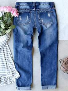 Plus-Size Women's High-Waisted Jeans, Dark Blue Retro Skull Print Design, Street Style Plus-Size Women's High-Waisted Jeans, Suitable For Everyday Wear. - 藍色 - 查看 2