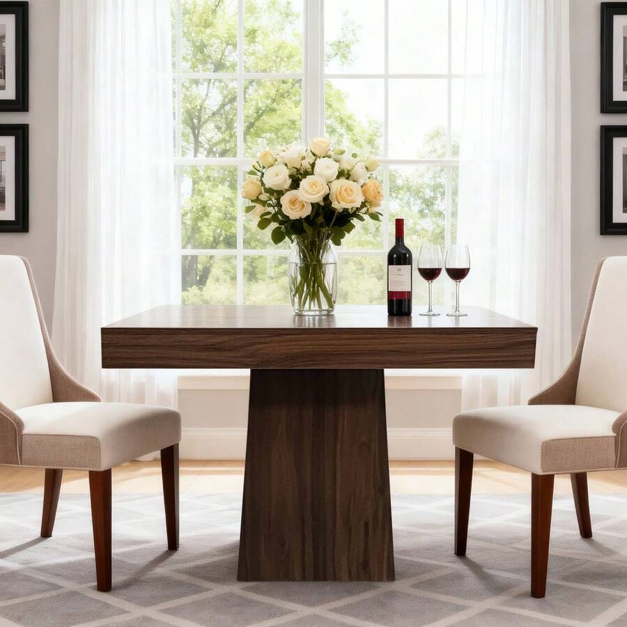Meiyiu Small Square Dining Table For 4 People, 31.5'' Wood Kitchen Table With Pedestal Base, Modern Farmhouse Furniture For Dining Room, Living Room And Kitchen - Coffee Brown - View 1