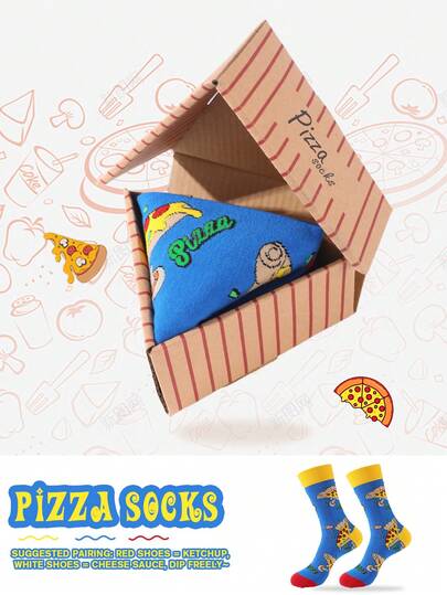 1 Pair Multicolor Mid-Calf Gift Socks, Unisex Couples Gift Box, Soft Pizza Novelty Socks, Imaginative Food-Inspired Creative Design, Comfortable Versatile, Suitable For Birthday, Valentine's Day, Easter, Ramadan, Date, Family Gathering, Party, Holiday, Unique Fashion Casual Everyday Wear