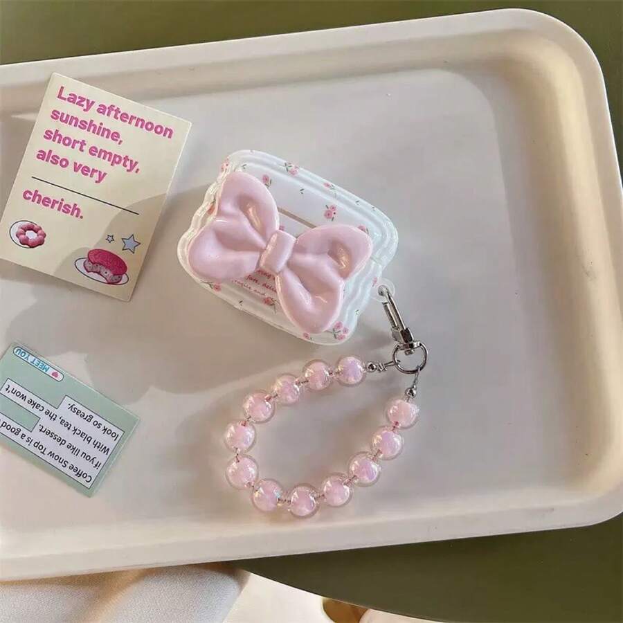 Pink Bowknot Bluetooth Earphone Protective Case, Soft Shell Anti-Drop With Pink Beaded Bracelet - Multicolor - View 1