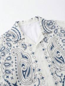 地中海风男士提花衬衫，蓝色提花花卉图案，透气夏季度假衬衫，休闲波西米亚海滩纽扣衬衫 - 彩色 - 查看 5