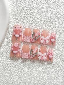 10件套温柔春夏树脂美甲套装，包括粉色3D爱心、山茶花装饰、银色镂空蝴蝶、手工五瓣浅粉色花朵、粉色蝴蝶结、浪漫婚礼主题美甲配件，附赠美甲工具（1个果冻贴纸+1个指甲锉），3种尺寸适合杏仁形和鸭嘴形指甲，适合日常、派对、拍照、办公室等场合。 - 彩色 - 查看 11