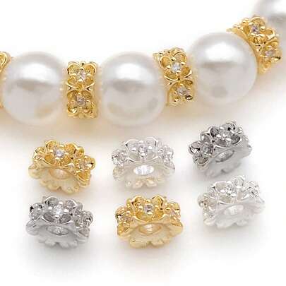 2颗18K镀金黄铜扁平圆珠，镶嵌立方氧化锆花珠，直径6毫米，适用于DIY珠宝配件制作、时尚饰品及创意礼品