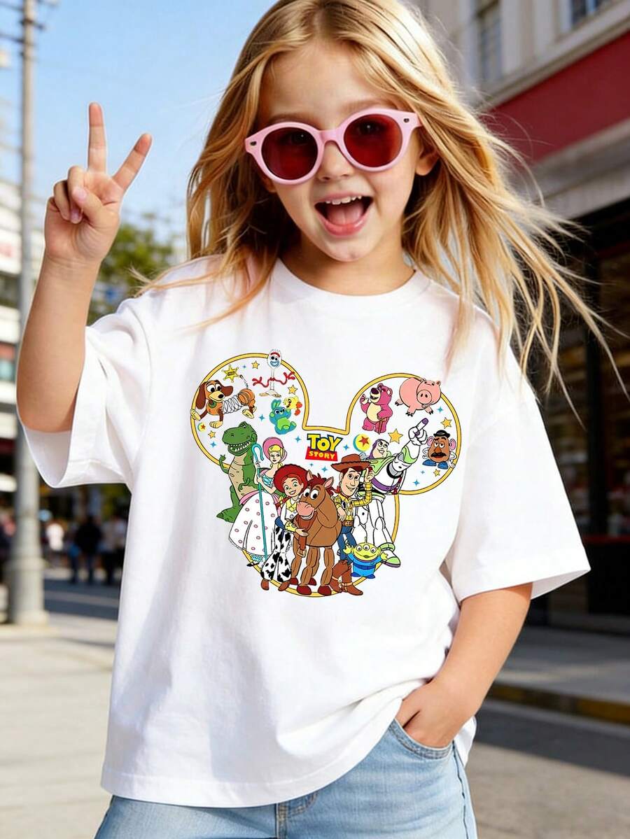 Disney Head Print T-Shirt Woody Buzz Cartoon Short Sleeve Print Pattern Summer Tops,Short-Sleeved Casual And Cute Style Children's Clothing Design, Girl Clothes For Kids ,Ropa Para Niños,Girl Clothes For Kids,Graphic Tee, Summer Clothes,Perfect For Cool Girls. Comfortable And Breathable Children's Short-Sleeved T-Shirt. Comfortable And Casual Wear All Year Round 180g Pure Cotton Children's Clothes,Comfortable & Lightweight, Iconic Print For Mix-And-Match Outfits,Suitable For Both Boys And Girls. - 白色 - 查看 1