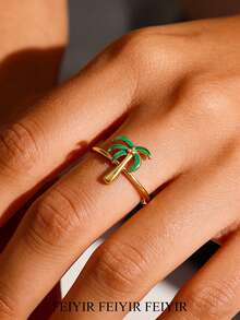 18K镀金不锈钢可调节戒指，饰有绿色棕榈树和红色樱桃图案，时尚夏季海滩珠宝礼品 - 櫻桃&椰樹 - 查看 2