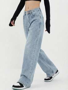 Chicago Letter Print Jeans Women's Baggy Boyfriend Jeans Wide Leg High Rise Dark Wash Vintage Jeans Y2K Street Denim Pants - Màu xanh lam - Xem 3
