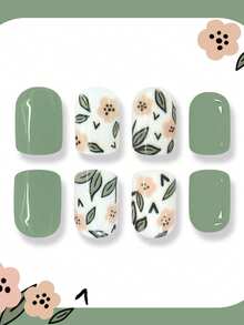 24片/套清新绿色花朵美甲贴纸，适合辣妹、OL、派对、约会和日常佩戴 - 彩色 - 查看 2