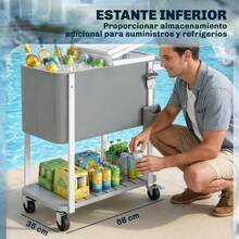 Outsunny Carrito Nevera de 56L con Ruedas, Carro de Bebidas con Estante, Abrebotellas, Recogetapas, Drenaje y Asa, Mesa Nevera Jardín Exterior para Patio, Fiesta, BBQ, 84x38x83 cm, Gris - Gris - Ver 5