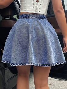 Mobula Sound# Casual Chic Fashion Elegant Vacation Style Denim A-Line Flared Mini Skirt For Women, Suitable For Spring/Summer Music Festival - Fried Flower Dark Blue - View 5