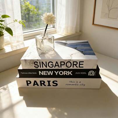 3 piezas Libros decorativos falsos de la serie City, Juego de libros falsos apilables, Libros decorativos artificiales, Accesorios de decoración del hogar para dormitorio, estudio, sala de estar, fotografía