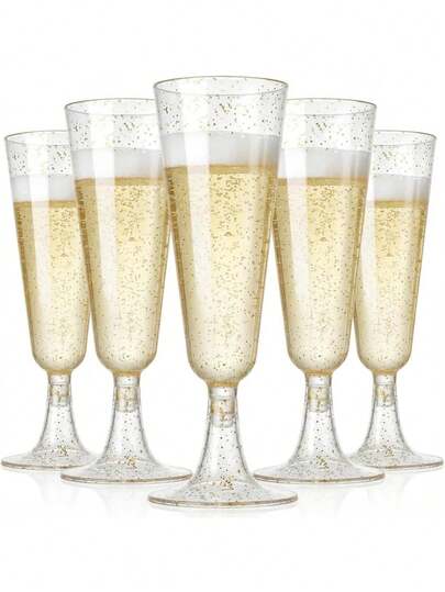 100/50/30/25/20/10/5 仅填充透明金粉，派对香槟杯，金粉香槟杯，长柄鸡尾酒杯，带闪光，适用于饮料和粉末饮料，[可重复使用] 5 盎司透明鸡尾酒杯，适用于派对、婚礼和大型活动。