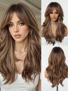 Perruque ondulée de 22 pouces de long avec frange sur le côté, racines foncées, perruque brune pour femmes avec ombré brun et blond. Perruque synthétique résistante à la chaleur pour usage quotidien, fête et cosplay - Brun ombré - Voir 3
