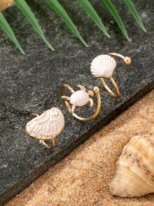 3件套海洋沙滩贝壳海龟戒指套装，镀金海洋生物戒指，热带海滩夏季饰品 - 彩色 - 查看 2