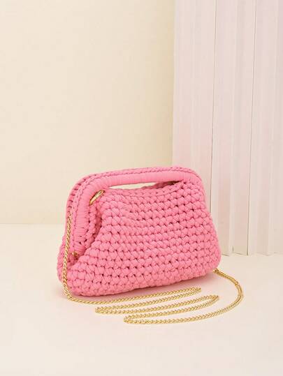 Borsa a tracolla in maglia rosa a nuvola spessa - Borsa a tracolla fatta a mano con catena dorata intrecciata, texture soffice come una nuvola, adatta per uso quotidiano, spiaggia, viaggio, brunch, stile boho per donna