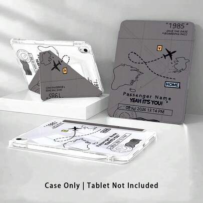 亚克力水晶保护壳，饰有登机牌、飞机图标和航线图图案，适用于荣耀和苹果平板电脑。防弯折，加固硅胶边缘，自动唤醒/睡眠功能，内置笔槽，多角度可折叠支架——完美日常保护，馈赠佳品。