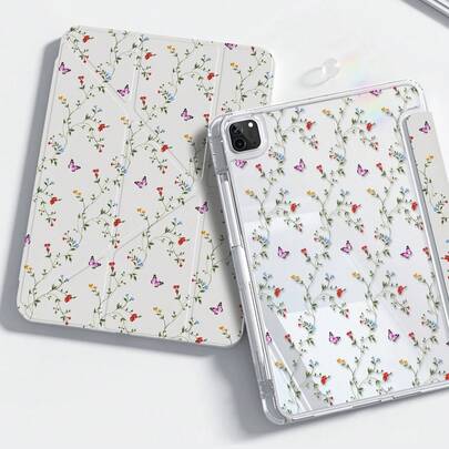 一款精美可爱的卡通动漫蝴蝶枝蔓图案双面彩绘亚克力透明水晶后盖，防震，适用于 iPad 第 7、8 和 10 代（10.2 英寸），内置笔槽，支持睡眠/唤醒功能，是理想的礼物之选。