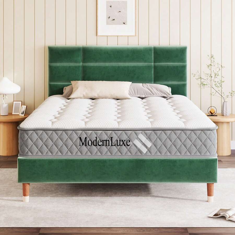 Upholstered Bed, Double Bed With Slatted Base, 140x200 Cm With Padded Frame And Headboard. In Green Velvet Fabric For Adults And Teenagers (With Mattress). - Green - View 1