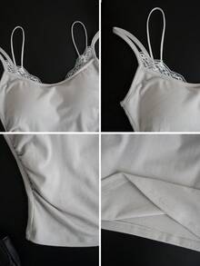 Women's Lace Patchwork Camisole, 2 In 1 Backless Top, Spring/Summer - Grey - View 9