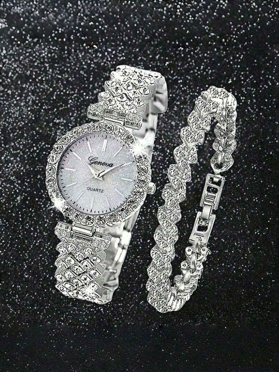 Set 2 buah Bezel dan Gelang Jam Tangan Bertabur Kristal, Dipadukan dengan Dial Berkilau, Memancarkan Aura Kemewahan yang Melekat - Perak - View 1