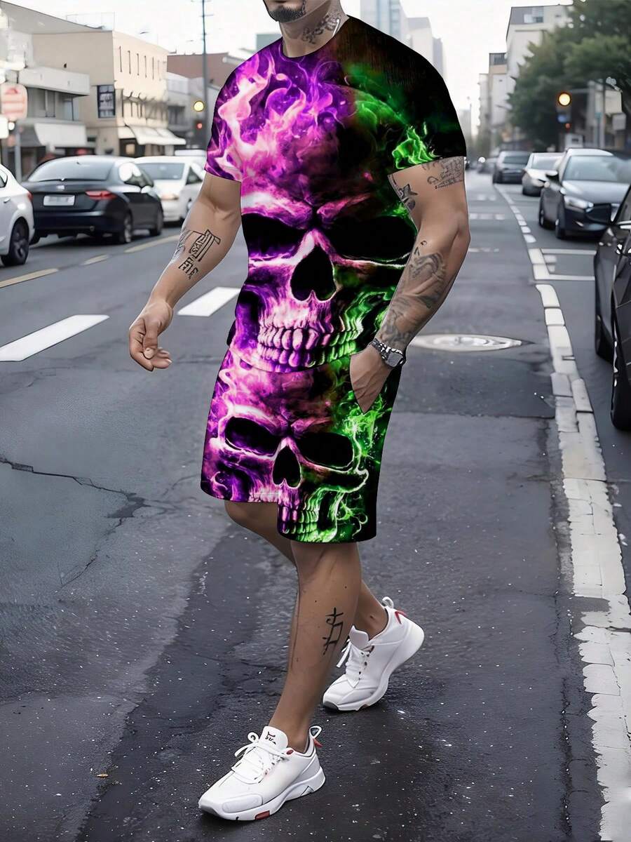 Conjunto de 2 piezas de camisa de manga corta y pantalones cortos suaves y transpirables para hombres - Estampado de calavera y llamas, adecuado para uso casual de verano, ropa de uso diario para adolescentes, conjunto de camisa y pantalones cortos lavables a máquina.