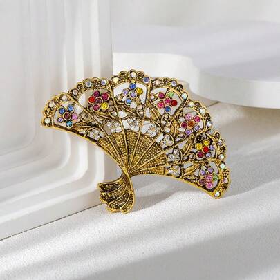 1 pieza Broche con forma de abanico de aleación de zinc con incrustaciones de strass, adecuado para uso diario, fiesta y vestimenta formal de mujer