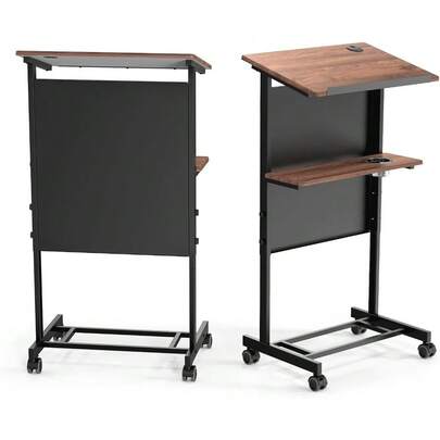 Height Adjustable Portable Podium Stand, Wheeled Lectern With Storage Shelf, Rolling Pulpits With Edge Stopper For Church, Ceremony, Classroom Lecture Speech Teach Platform (Brown & Black)