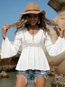 Rusttydustty 白色休闲度假喇叭袖上衣，适合波西米亚风海滩装扮、音乐节和热带度假。 - 白色 - 查看 2