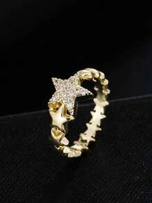 Fashionable And Popular Men Rhinestone Star Decor Ring Copper Punk Hip Pop Style For Jewelry Gift And For A Stylish Look - Vàng - Xem 6