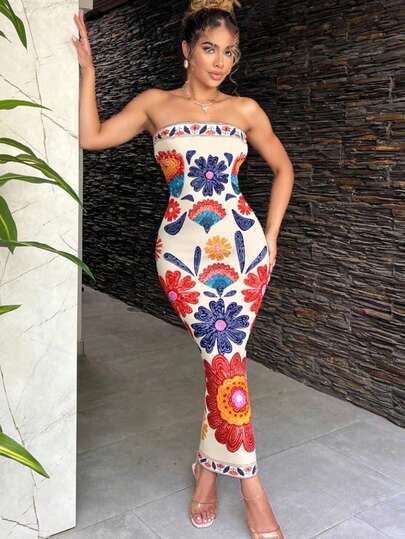 Women's Fashion Casual Printed Strapless Long Dress, Woven Fabric Sleeveless Tube Jumpsuit With Black And White Leaf Pattern, Spring/Summer