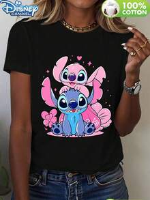 Women's Disney Lilo & Stitch Print Black Short Sleeve Round Neck Casual Cotton T-Shirt - màu đen - Xem 1