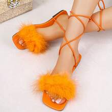 新款春夏时尚平底塑料方头仿毛皮凉鞋,性感优雅皮革系带铃铛休闲凉鞋,适合居家、通勤、约会、度假、海滩、露营、情人节、万圣节、新年、女士节、返校季、节日等场合,是理想的礼物之选。 - 橘色 - 查看 2