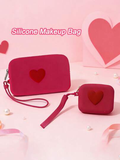 Bộ 2 túi xách silicon hình trái tim, túi đựng đồ vệ sinh cá nhân khi đi du lịch, túi trang điểm di động, hộp đựng mỹ phẩm chống nước, hộp đựng cọ trang điểm, hộp đựng trang sức, túi đựng đồ, túi đựng son môi, túi đựng điện thoại, túi đựng tai nghe, ví đựng tiền xu, hộp đựng phụ kiện kỹ thuật số, túi du lịch cần thiết đi biển, cỡ lớn + nhỏ, bộ dành cho mẹ và con gái, quà tặng cho phụ nữ, quà tặng ngày Valentine