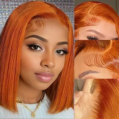 350 Ginger Orange Straight Brazilian Bob Wig Human Hair, Featuring 4X4 Frontal Lace Design With 180% Density This HD Lace Front Wig Is Pre-Plucked And Designed For Women
