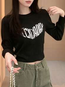 Áo thun crop tay dài vai thường, thiết kế retro ngọt ngào và quyến rũ dành cho nữ, thích hợp mùa thu/đông. - màu đen - Xem 1