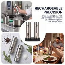 Rechargeable Pepper Grinder Set Electric Salt Shakers With Dual Charging Base, Upgraded Stainless Steel, Adjustable Coarseness & LED Light - Silver - View 11