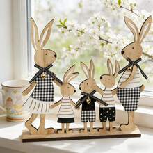 1pc 2D Wooden Decorative Plaque & Figurine, Mother's Day Decor, Minimalist Design, Family Of 5 Rabbits In Plaid Outfits, Perfect Holiday Gift For Home & Office, Spring Decoration - A - View 5