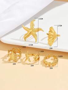 5pcs/Set Casual Beach Style Rings, Ocean Series Starfish & Shell Rings, Stainless Steel Open Rings With 18K Gold Plating, Waterproof & Fade Resistant, Women Jewelry Gift - Starfish Shells - View 2