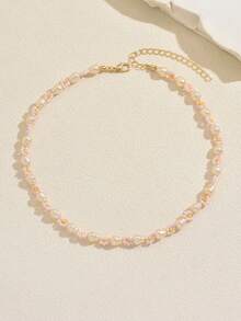 手工串珠粉色雏菊项链，不规则仿珍珠花朵串珠项圈，可爱夏季波西米亚风饰品 - 白色 - 查看 4