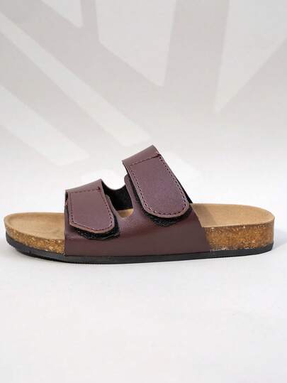 1 Pair Girls' Cork Footbed Double Hook-And-Loop Non-Slip Slide Sandals For Everyday Casual Use